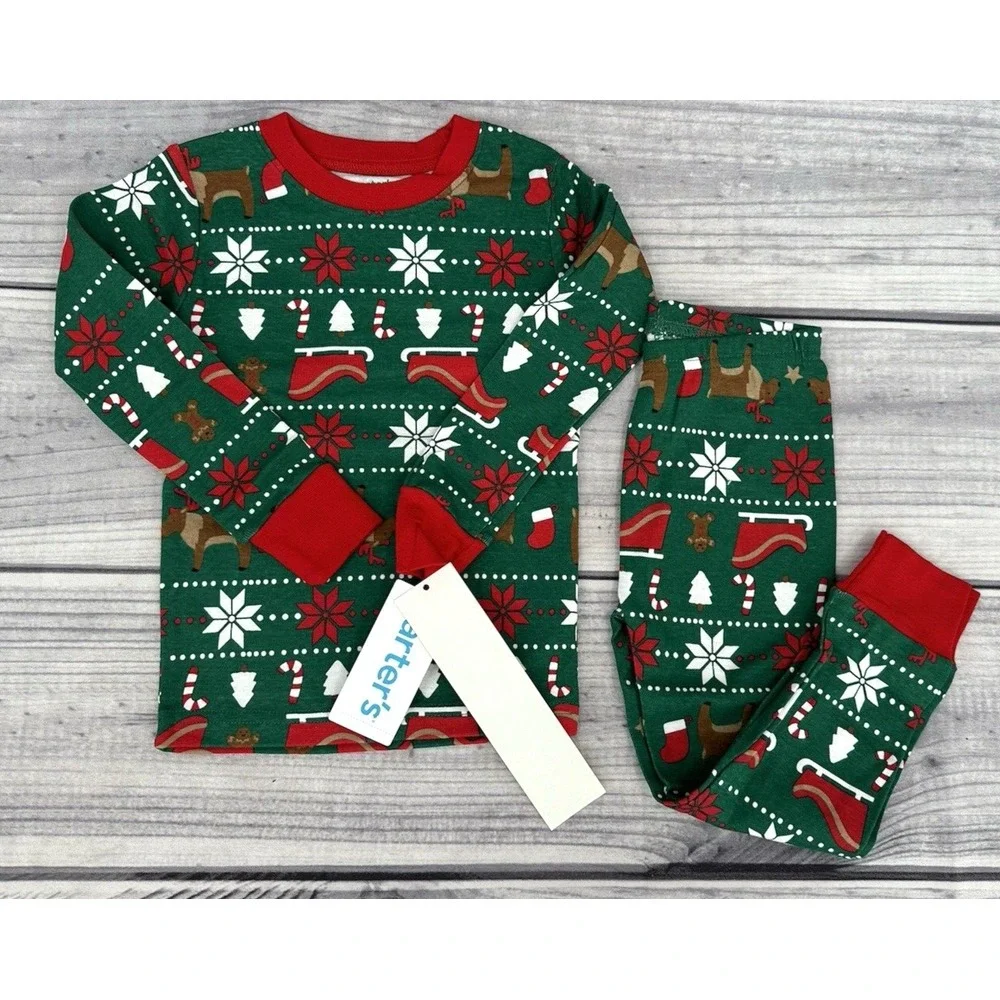 CARTER'S FAIR ISLE CHRISTMAS PAJAMA SET Toddler Boy Size 2T GREEN‎ NEW WITH TAGS